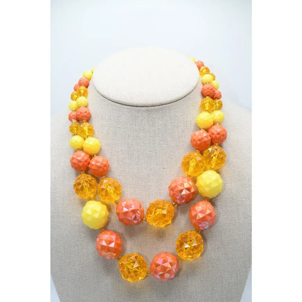 Vintage West Germany Lucite Necklace Double Strand Orange Yellow Faceted